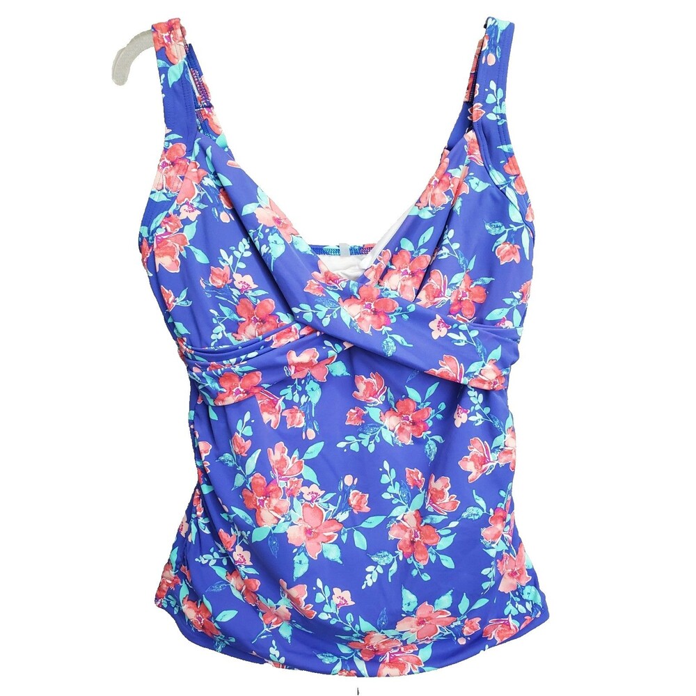 Lands' End Blue Floral Crossover Front Tankini Swim Top Size 10 DD
